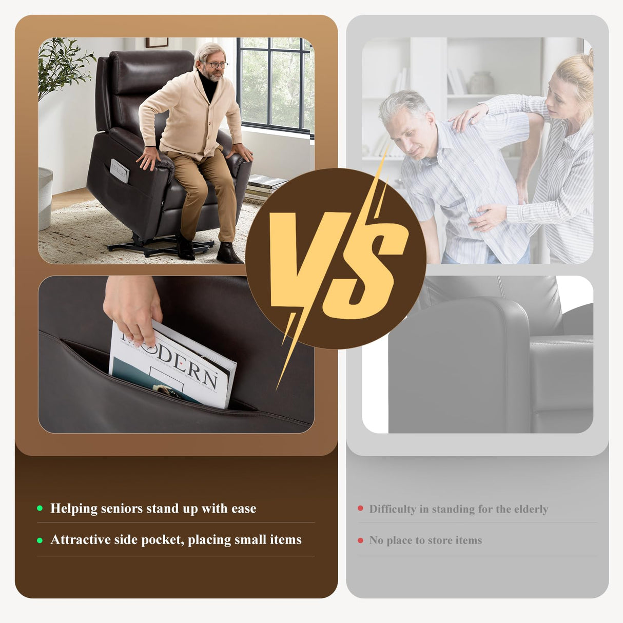 Power Lift Recliner Chair for Elderly-Electric Leather Lift Chair Remote Control, Ergonomic Recliner Chair with Side Pocket, Spacious Seat-Chocolate COLAMY