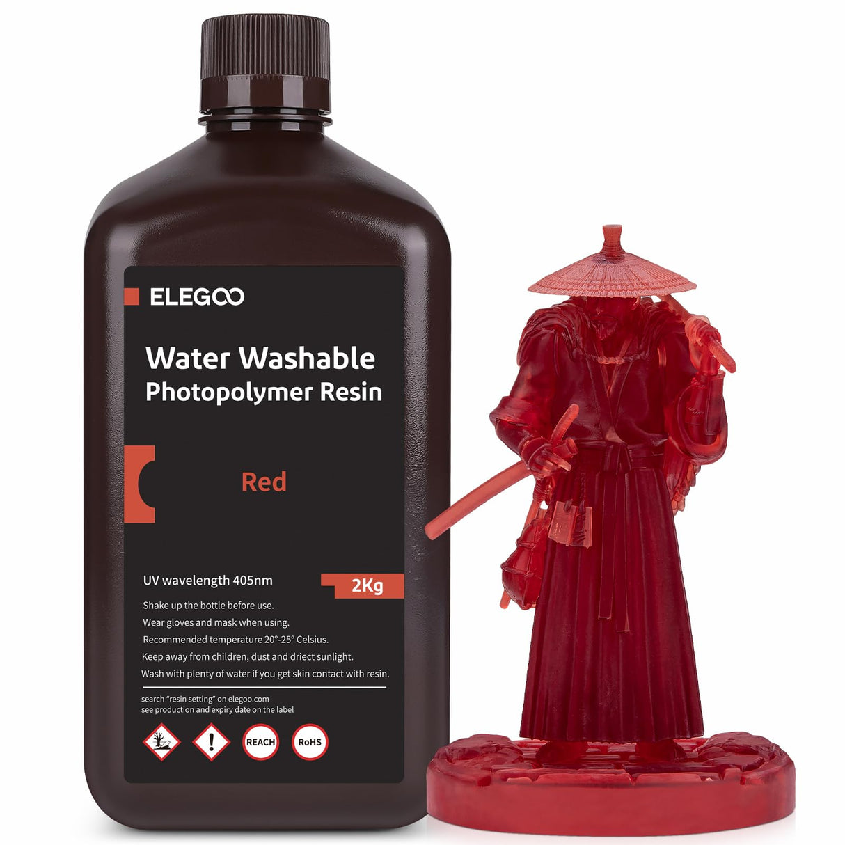 ELEGOO Water Washable 3D Printer Resin, Rapid Resin 405nm LCD UV-Curing Standard Photopolymer Resin for LCD 3D Printer Clear Red 2KG ELEGOO