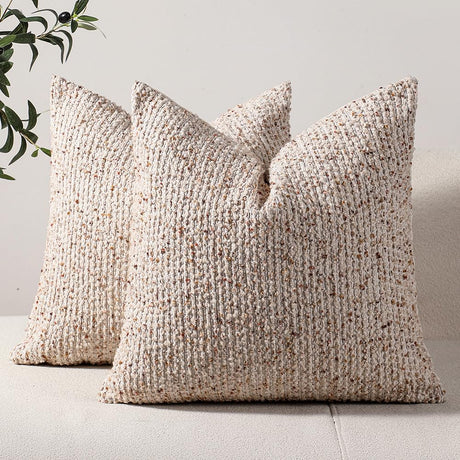 DEZENE Striped Throw Pillow Covers 18x18 Set of 2 Beige Textured Boucle Chic Morden Boho Accent Farmhouse Square Decorative Couch Pillow Covers for Home Decor Bed Sofa Living Room DEZENE