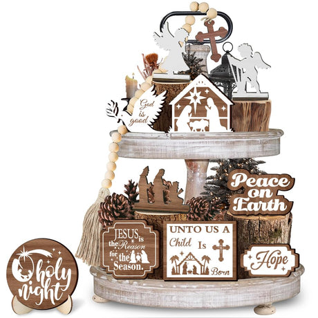 Finphoon Easter Tiered Tray Decor,14pcs Easter Table Decorations,He is Risen Jesus Wood Sign Farmhouse Rustic Religious Tiered Tray Ornament for Easter Home Kitchen Table and Easter Party Decor Finphoon