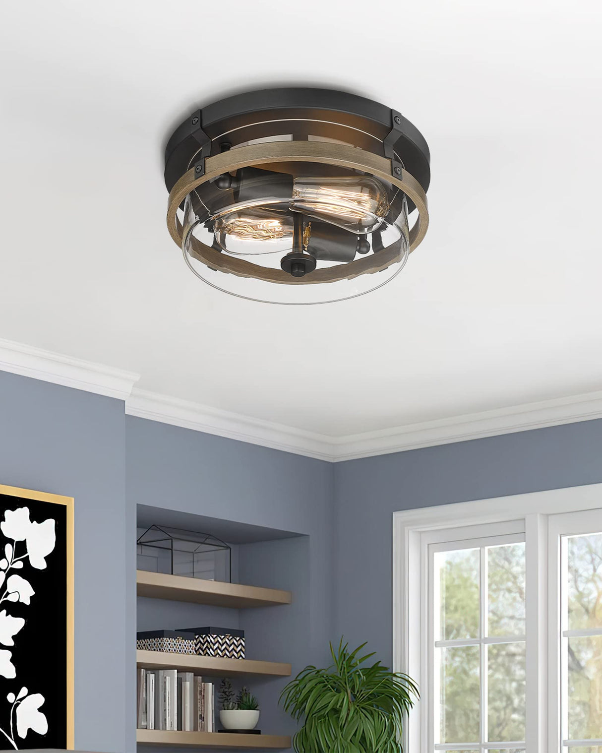 EAPUDUN Farmhouse Ceiling Light, Wooden Flush Mount Ceiling Light Fixtures with Clear Glass Shade, Retro 2-Light Ceiling Lamp for Hallway Entryway Bedroom Kitchen Dining Room FMA1443-FBDT EAPUDUN