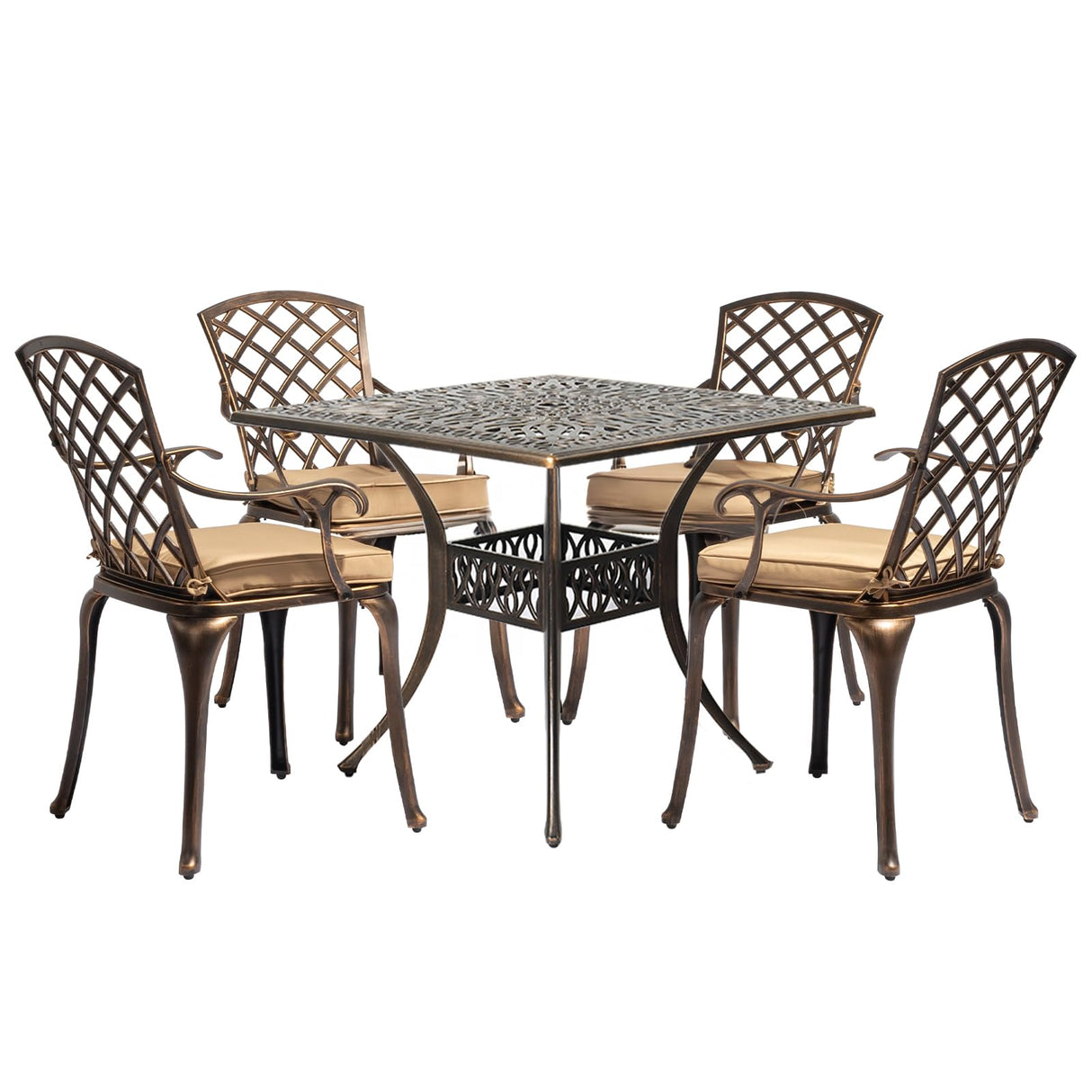 VINGLI 5-Piece Outdoor Patio Dining Set, Cast Aluminum All-Weather Outdoor Table and Chairs w/Cushion, Outdoor Furniture Set w/Umbrella Hole for Backyard Deck Poolside (Square, Grid Back) VINGLI