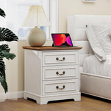 HOPUBUY 22" Farmhouse Nightstand Set of 2 with Charging Station, Wood Night Stand with Antique Handles, 3 Drawer Night Stand Tall Nightstand for Bedroom, Off White and Brown Top HOPUBUY