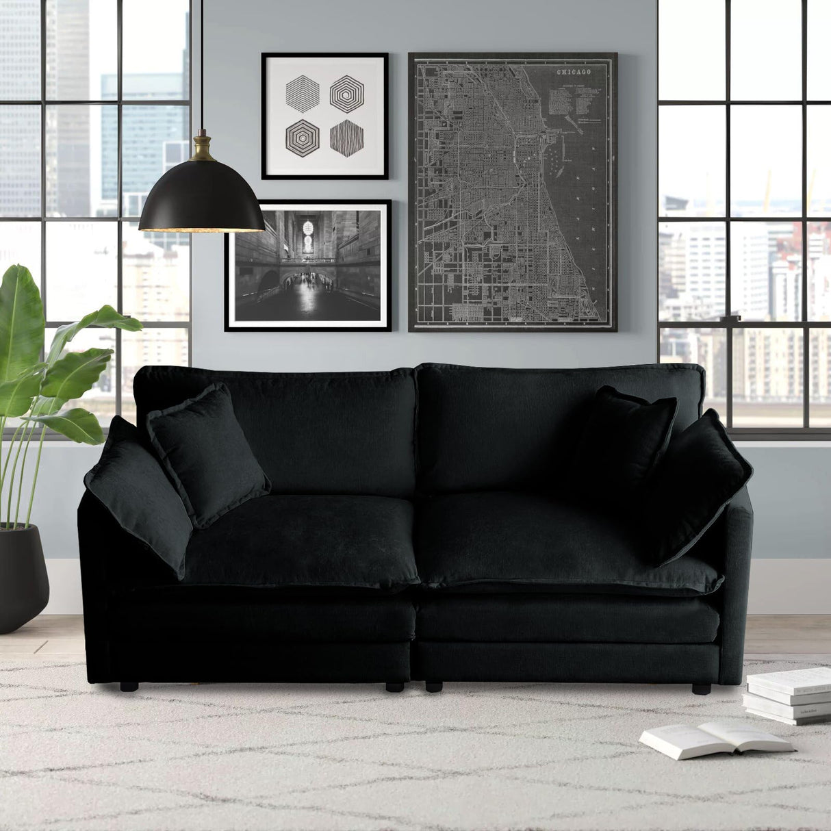 Neylory 76.7" Sofa Couch for Living Room, Modern Comfy Sofa with Extra Depth Seat and 2 Throw Pillow & 2 Armrest Pillow, Love Seat Chenille Couches for Living Room Small Space, Black Neylory