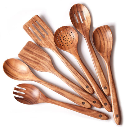 Gudamaye 13 inch Long Wooden Utensils for Cooking, Long Handle Wooden Spoons for Cooking, 7 PCES Crafting Wooden Spoon Set, Wooden Kitchen Utensil set, Natural Teak Wooden utensil Set - WoodArtSupply