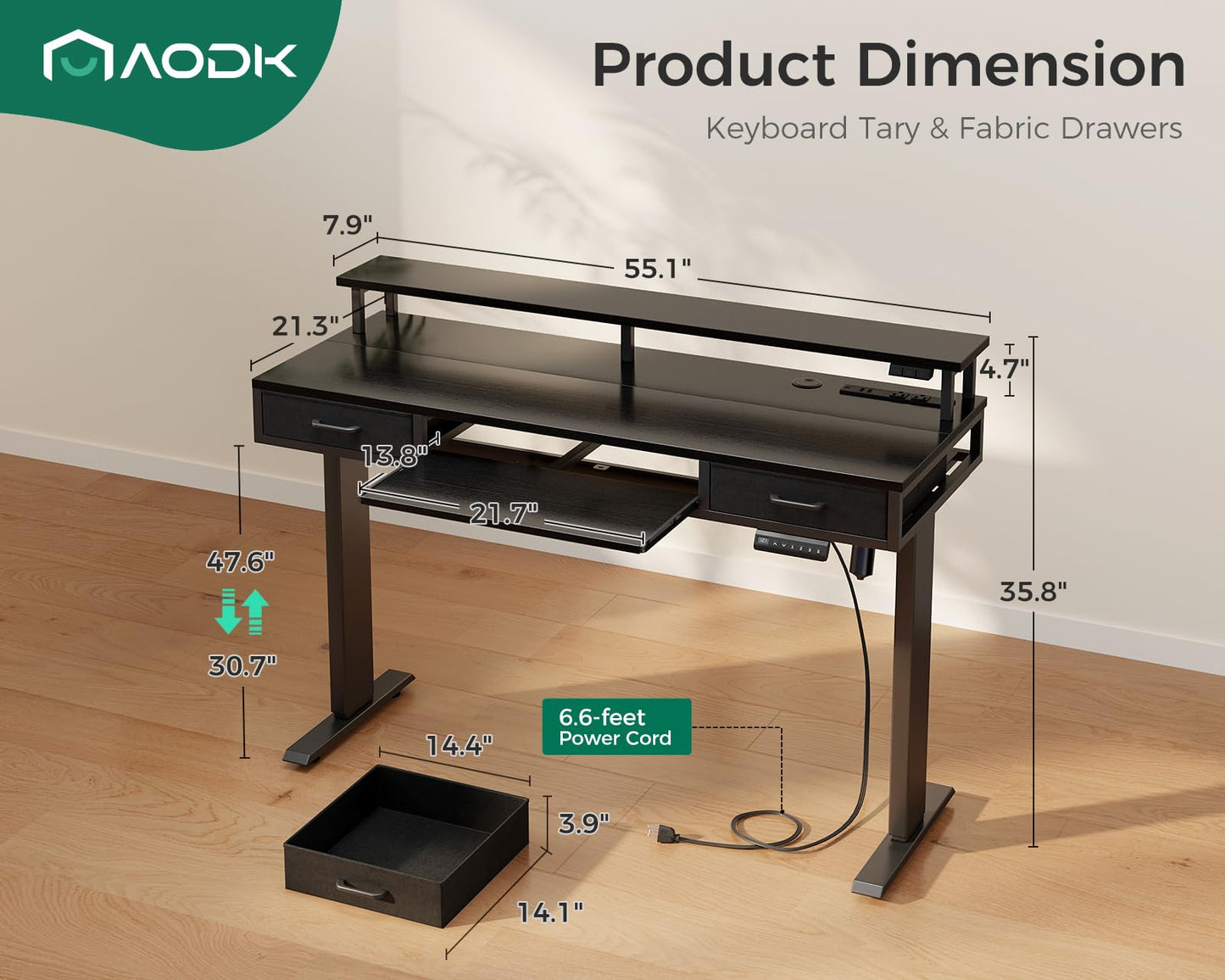 AODK Electric Standing Desk with Drawers & Keyboard Tray, 55 Inch Height Adjustable Desk with Power Outlets & LED Lights, Sit Stand Table with Monitor Stand for Home, Office, Black - WoodArtSupply