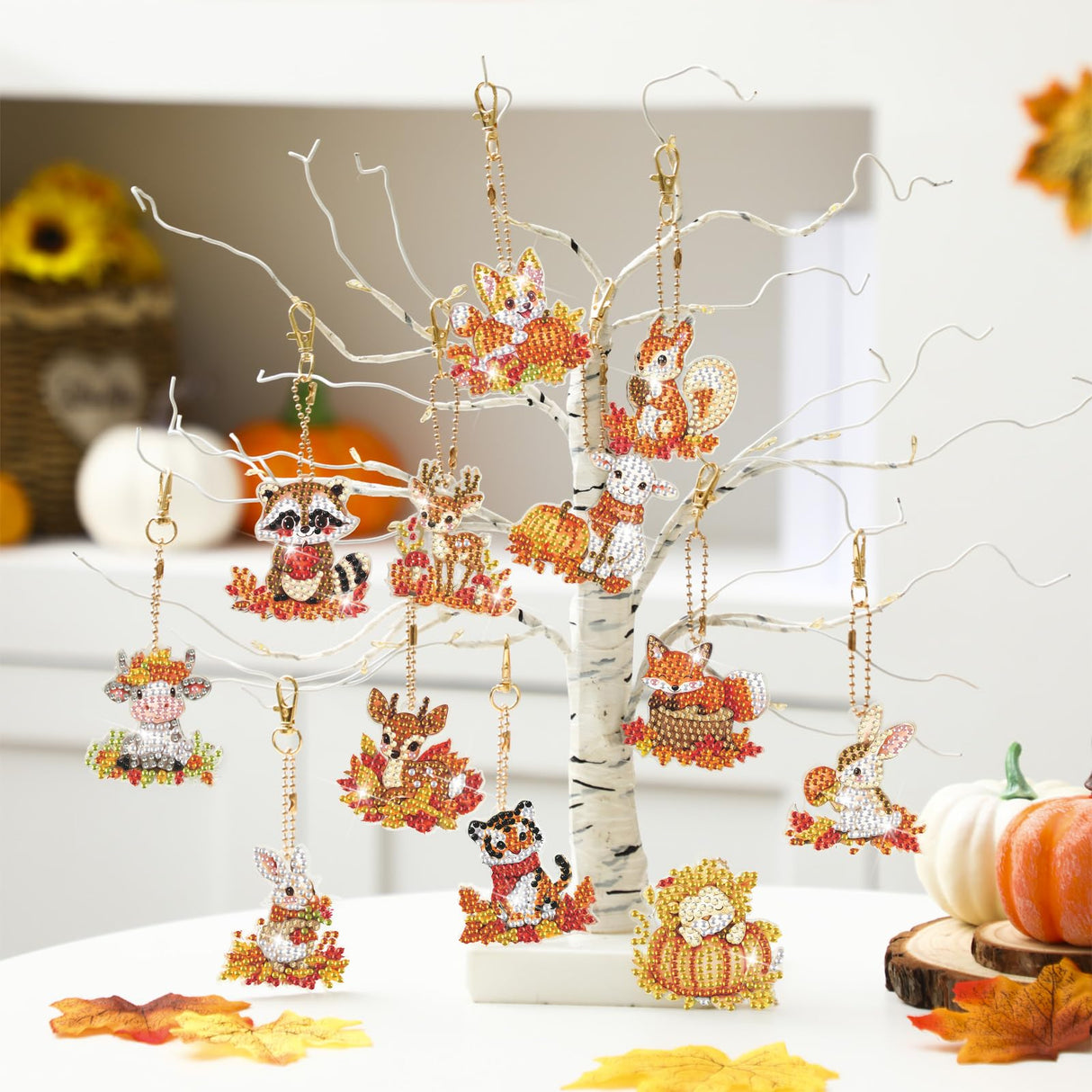 WILLBOND 30 Pcs Thanksgiving Diamond Art Keychain Kits DIY Double Sided Thanksgiving Animals Diamond Painting Keychain Ornaments for Adults Key Ring Art Pendant Fall Tree Decor WILLBOND