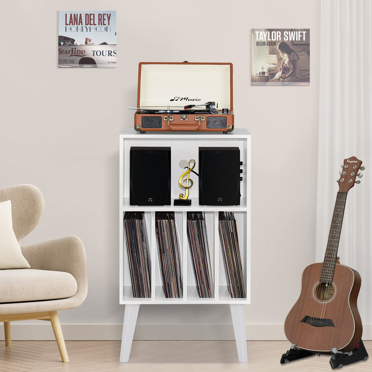 Lerliuo Record Player Stand, White Turntable Stand Holds up to 160 Albums, Mid-Century Vinyl Storage Cabinet Table with Solid Wood Legs, Record Player Holder Dispaly Shelf for Bedroom Living Room Lerliuo