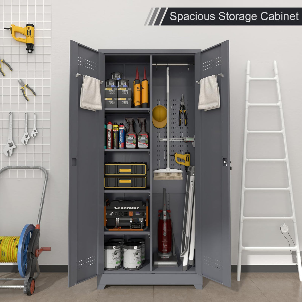 IRONFFICE Utility Cabinet,Heavy Duty Garage Cabinets with Shelves,Cabinet for Brooms and Mops for Laundry Room,Garage,Bathroom,Grey IRONFFICE