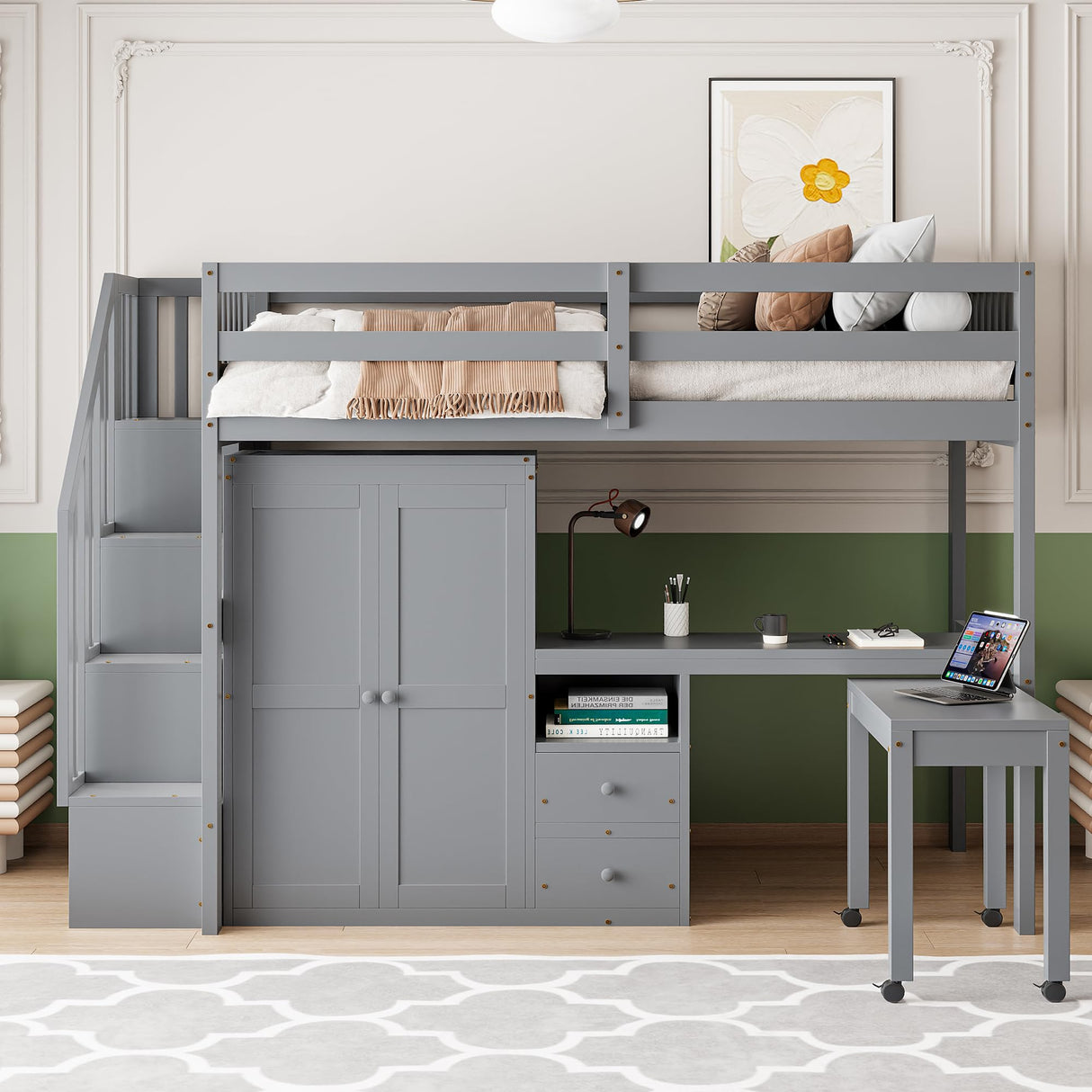 Harper & Bright Designs Twin Size Loft Bed with Stairs and Bookshelf, Wood Twin Storage Bed with Desk & Wardrobe, Space-Saving Multifunctional Furniture for Kids & Teens - Gray Harper & Bright Designs