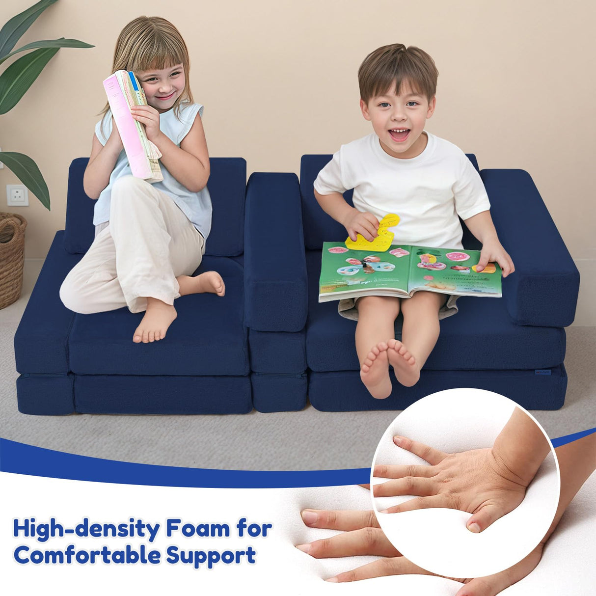 MeMoreCool Modular Kids Play Couch – 10-Piece Foam Sofa for Toddlers & Kids, Convertible Playroom Furniture and Fold-Out Floor Bed, High-Density Foam with Washable Covers – Navy Blue MeMoreCool