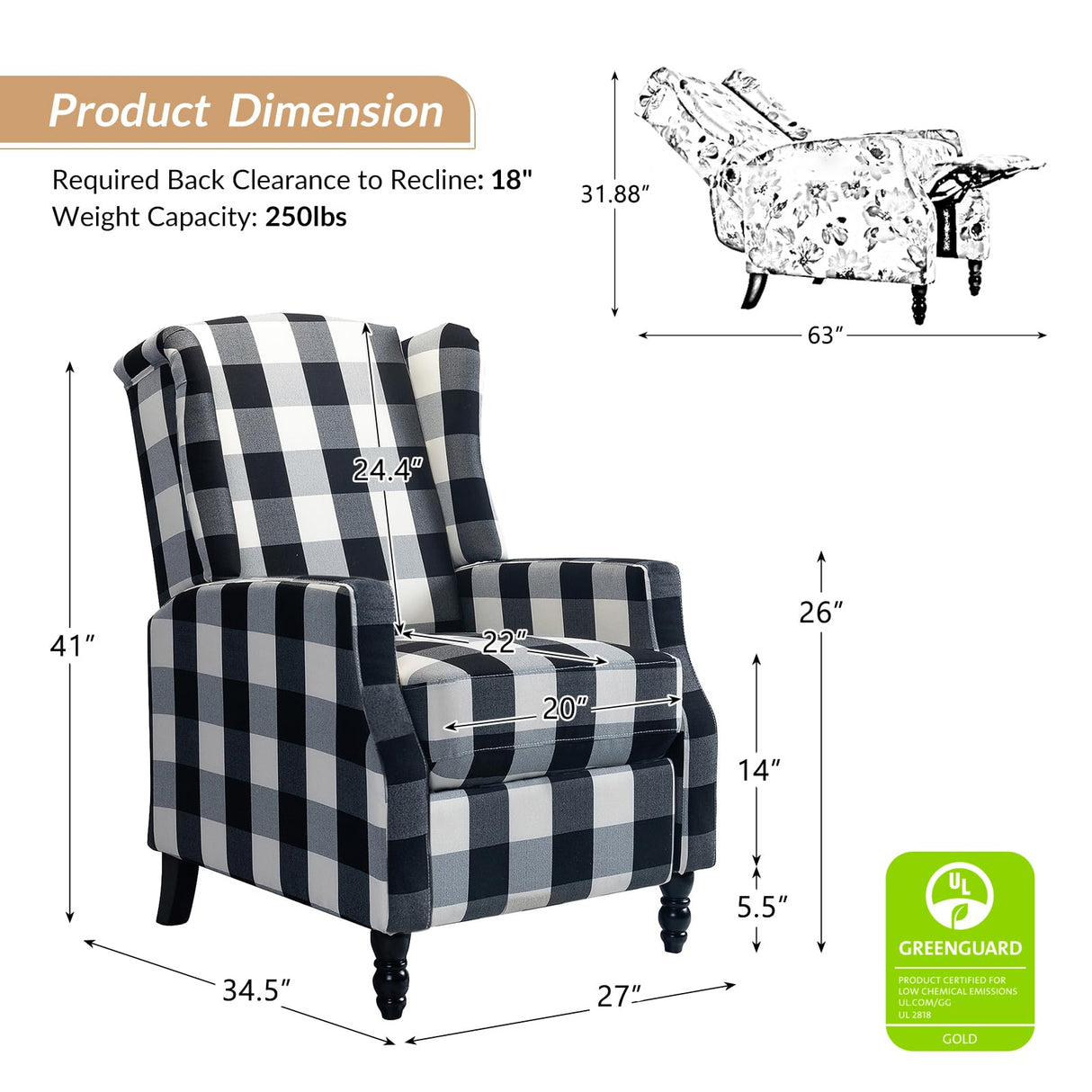 HULALA HOME Wingback Recliner Chair, Traditional Push Back Recliner Single Sofa with Solid Wood Legs, Modern Lounge Armchair for Living Room, Comfy Upholstered Accent Reclining Chair, Buffalo Black HULALA HOME