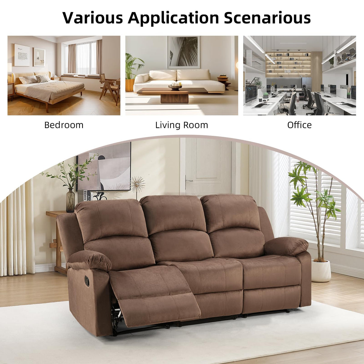EBELLO 3 Seat Recliner Sofa for Living Room, Soft Microfiber Reclining Couch with Overstuffed Arms and Backrest for Home and Office, Brown EBELLO