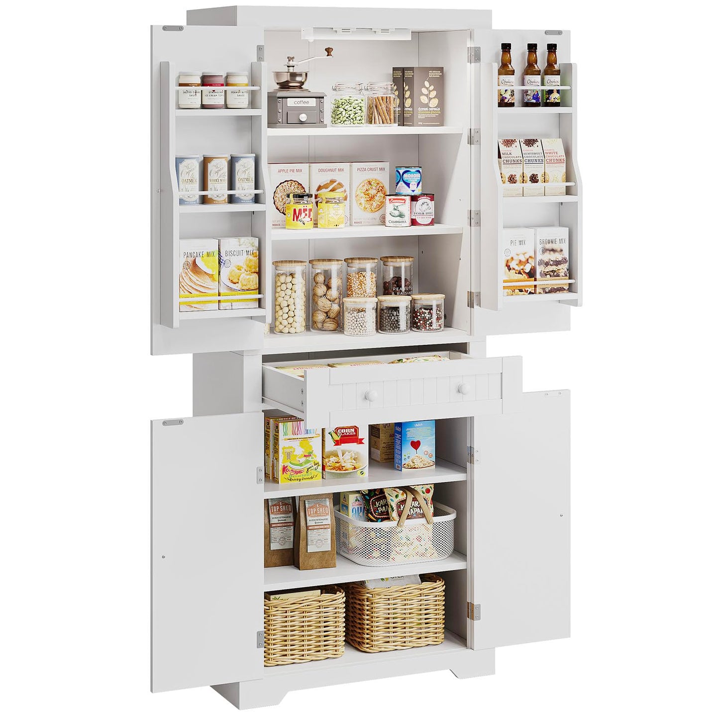 Bestier 72" Tall Kitchen Pantry Cabinet with Doors, Adjustable Shelves & Drawer, Food Pantry Storage Cabinet with Motion Sensor Light, Freestanding Cupboards for Dining/Laundry Room,Bathroom, - WoodArtSupply