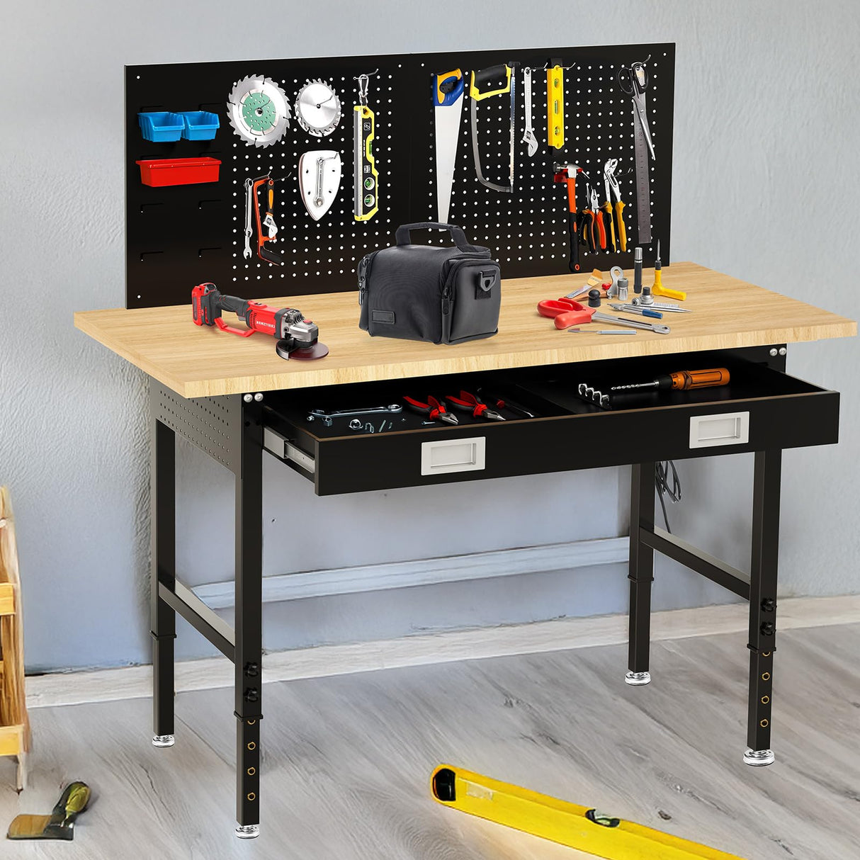 MUWOOD 60" Workbench with Drawers, Adjustable Height Work Bench 2000 LBS Heavy-Duty Work Table Rubber Wood Work Station with Power Outlet & Pegboard for Garage, Office, Workshop, Home, Party Shop MUWOOD