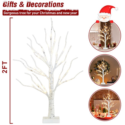 PEIDUO Artificial Tree for Table Decor, 2FT Birch Tree with LED Lights, Warm White Fairy Lights Spirit Tree Lamp for Home Indoor Tabletop Centerpiece, Battery Powered, Timer