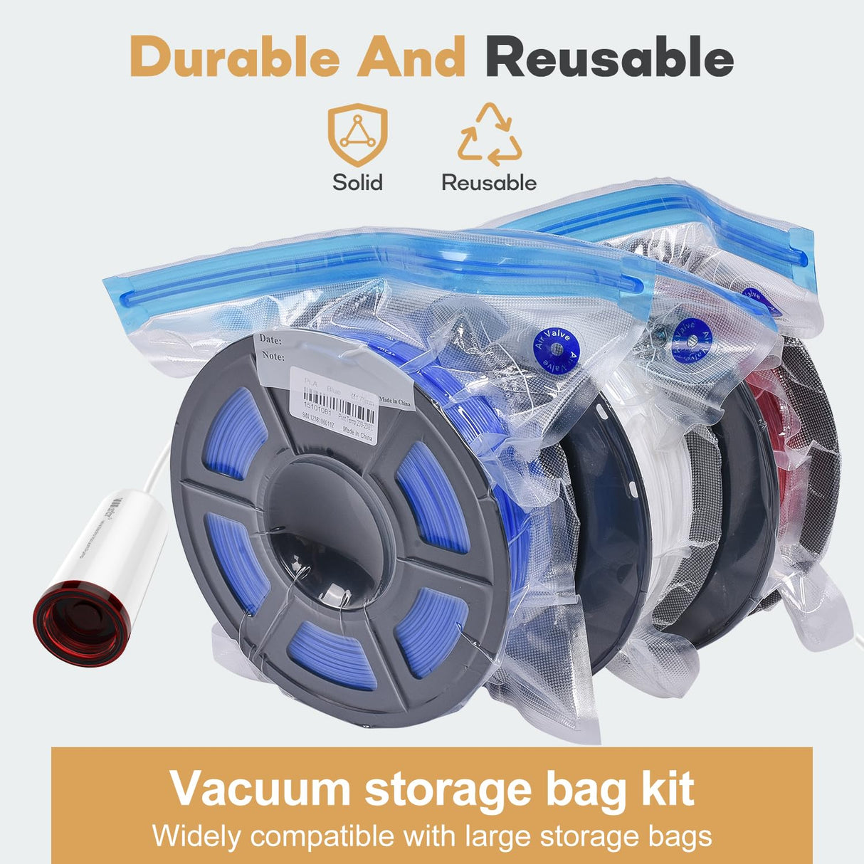 Vacbird 3D Filament Vacuum Storage Bags Kit with USB Pump, 20 Pcs Storage Bags for 3D Printer Filament, Compression Storage Bags Keep Filament Dry Vacbird
