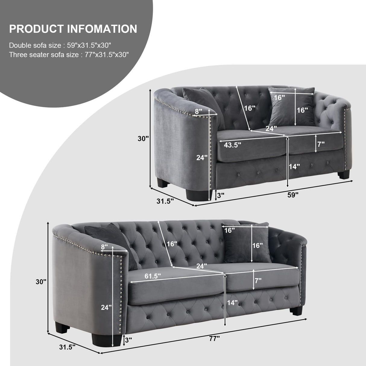 BUIORD 2 Piece Modern Chesterfield Velvet 77" 3-Seater+59" Loveseat Sofa Set, Upholstered Tufted Backrests with Nailhead Arms and 4 Cushions for Living Room, Bedroom, Apartment Grey BUIORD