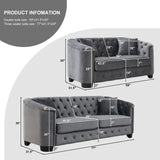 BUIORD 2 Piece Modern Chesterfield Velvet 77" 3-Seater+59" Loveseat Sofa Set, Upholstered Tufted Backrests with Nailhead Arms and 4 Cushions for Living Room, Bedroom, Apartment Grey BUIORD