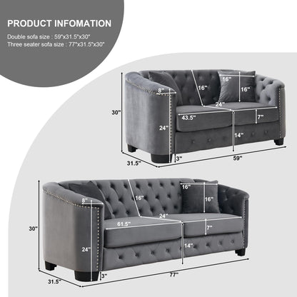 BUIORD 2 Piece Modern Chesterfield Velvet 77" 3-Seater+59" Loveseat Sofa Set, Upholstered Tufted Backrests with Nailhead Arms and 4 Cushions for Living Room, Bedroom, Apartment Grey