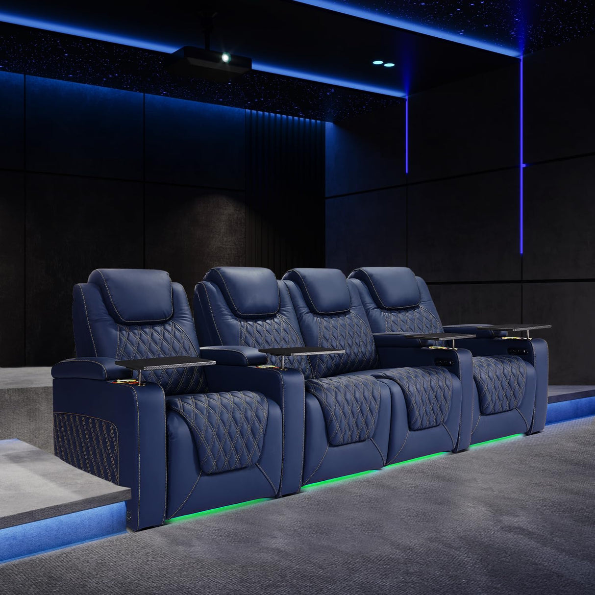 Weilianda Chic Top Grain Leather Home Theater Seating Power Headrest Recling Movie Gaming Recliner Sofa with 7 Colors Ambient Lighting, Golden Cup Holder Carbon Fiber Tray Table Loveseat Blue Weilianda