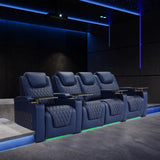 Weilianda Chic Top Grain Leather Home Theater Seating Power Headrest Recling Movie Gaming Recliner Sofa with 7 Colors Ambient Lighting, Golden Cup Holder Carbon Fiber Tray Table Loveseat Blue Weilianda