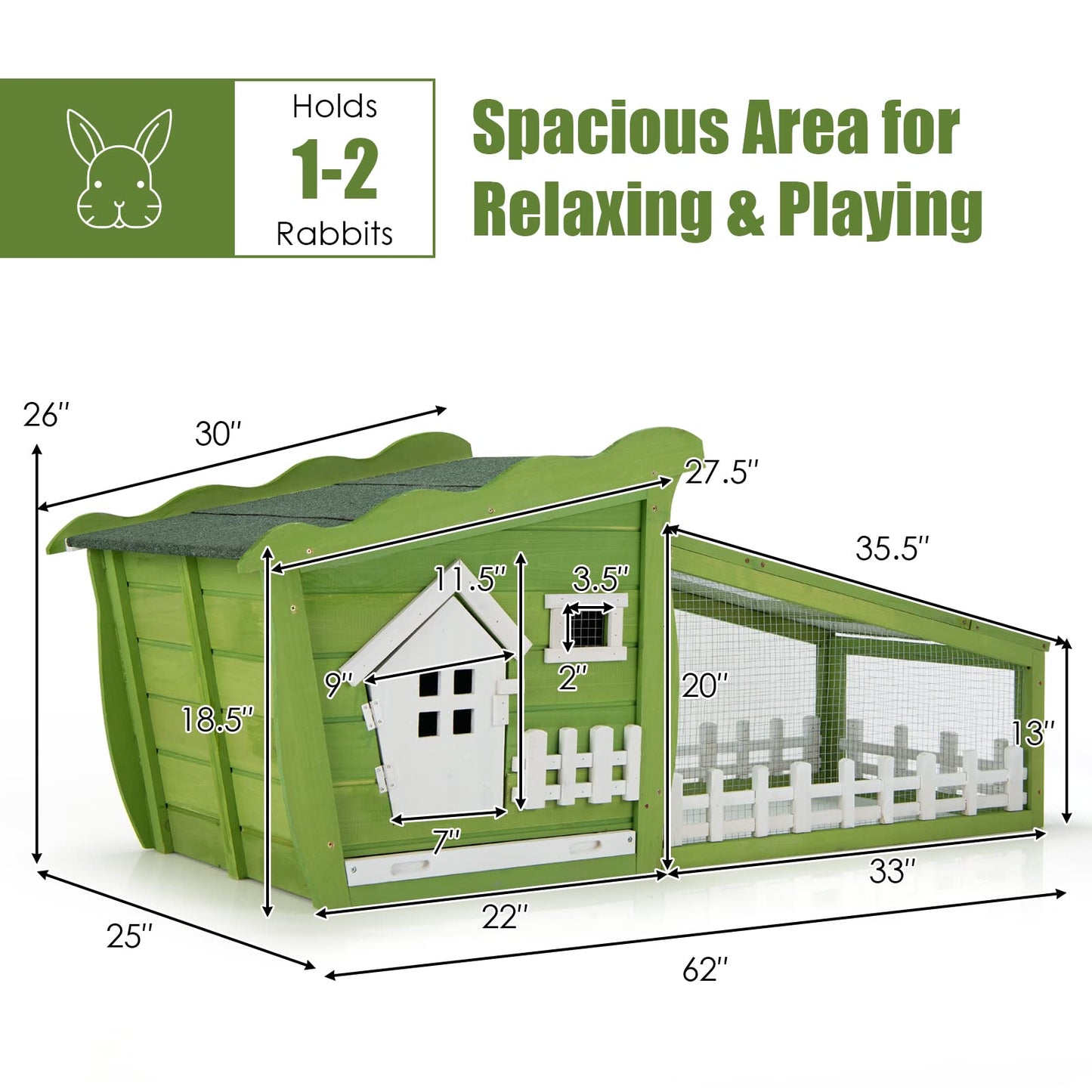 Tangkula 62 Inch Wooden Rabbit Hutch, Outdoor Chicken Coop with Asphalt Roof, Removable Tray, Running Ramp, Pet Bunny Cage House for Rabbits, Chicken and Small Animals, Indoor & Outdoor Use ( - WoodArtSupply