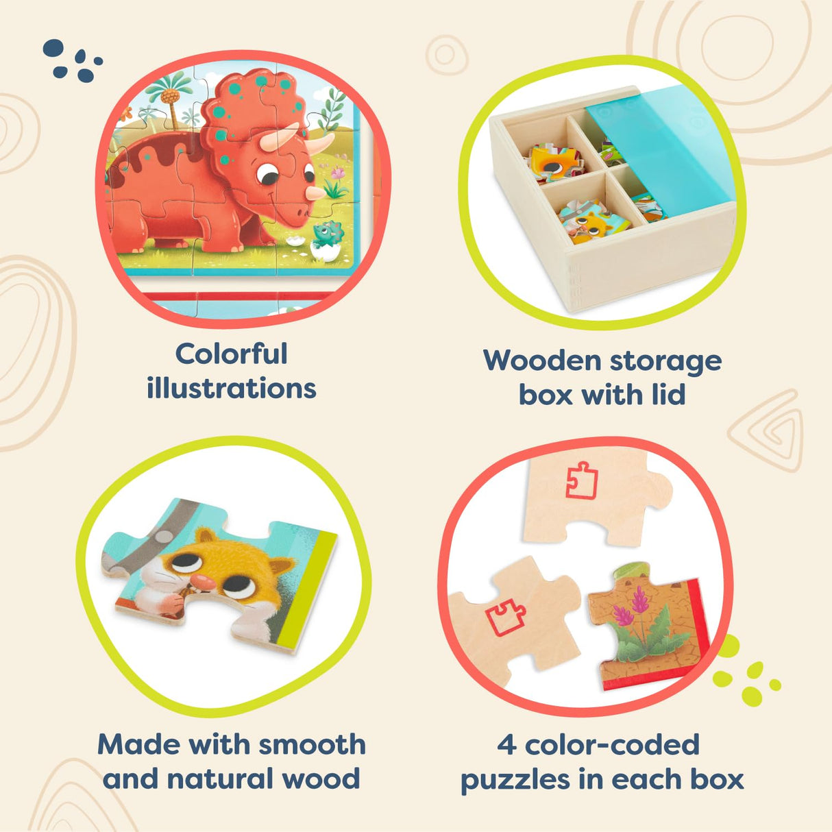 B. toys- Pack o' Puzzles 2-Pack - Pets & Dinos- Wooden Puzzle Box Set – 2 Puzzle Boxes, 8 Puzzles- 12-Piece Jigsaw Puzzles for Kids – 3 Years + B. toys