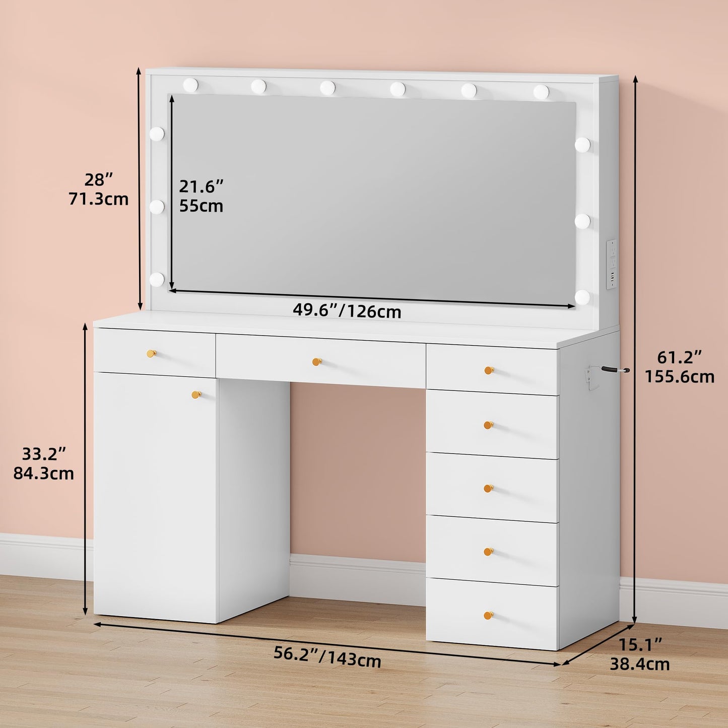 YITAHOME 56'' Makeup Vanity with Mirror and Lights, 3 Color Modes Adjustment with 12 LED Lights, Large Dressing Table with Tabletop, Vanity Desk with Power Outlet, 7 Drawers, Cabinet, Bedroom - WoodArtSupply