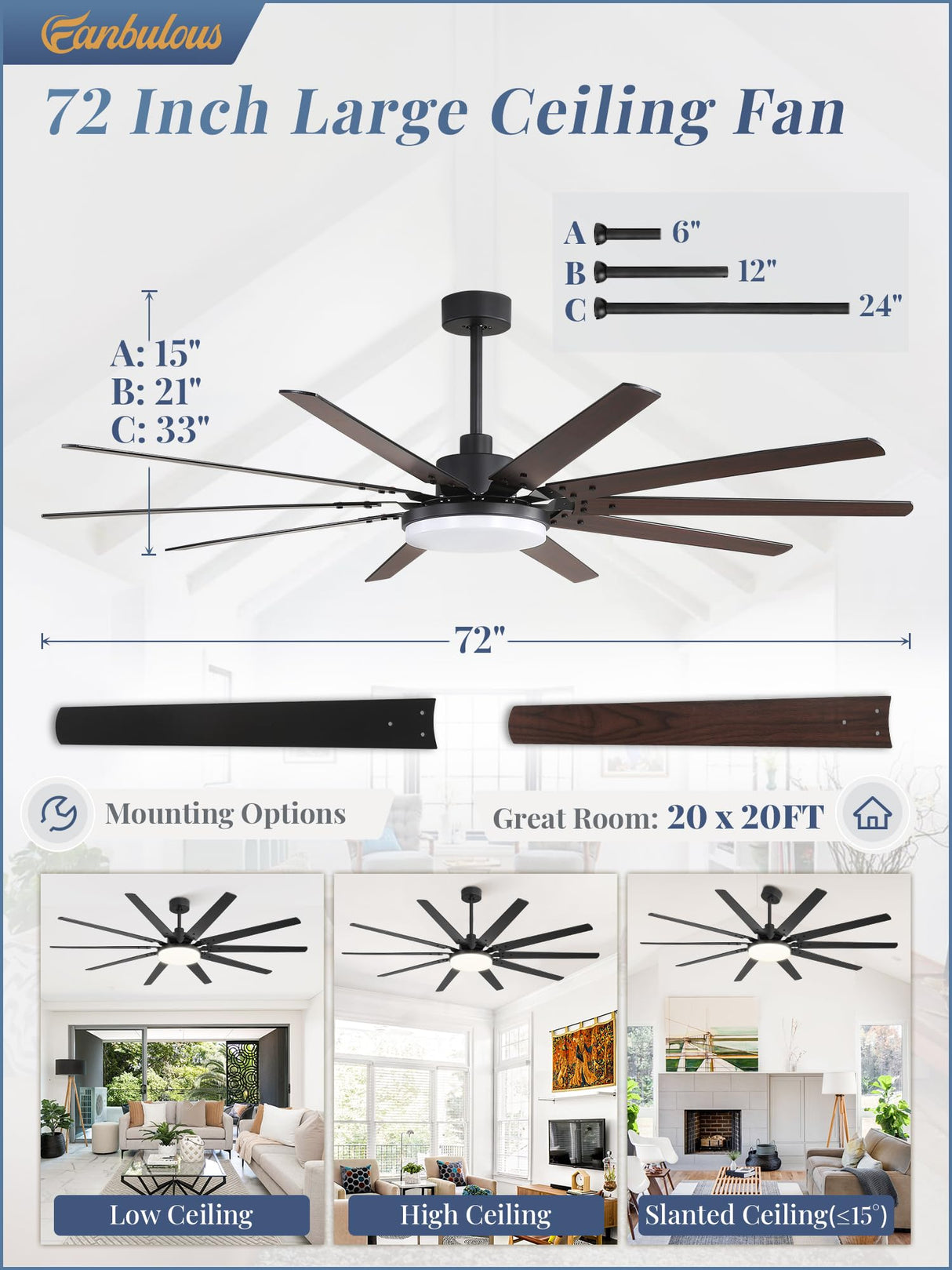 72 inch Large Ceiling Fans with Lights and Remote, Outdoor Black Ceiling Fan with 10 Blades, 32W LED Light 3 CCT, 6 Speed Reversible Quiet DC Motor, Modern Ceiling Fan for Living Room Patio Fanbulous