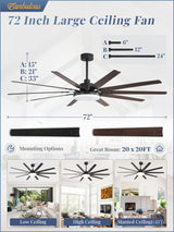 72 inch Large Ceiling Fans with Lights and Remote, Outdoor Black Ceiling Fan with 10 Blades, 32W LED Light 3 CCT, 6 Speed Reversible Quiet DC Motor, Modern Ceiling Fan for Living Room Patio Fanbulous
