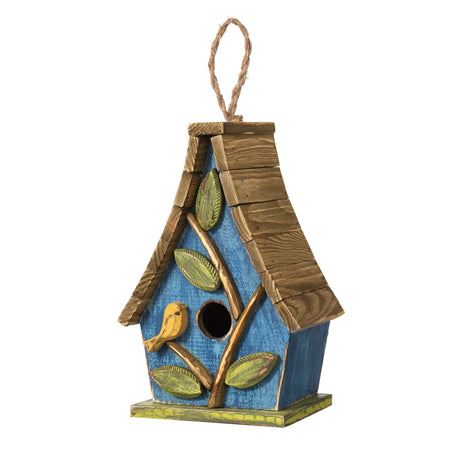 Glitzhome 9.5" H Hanging Bird House for Outdoor Patio Garden Decorative Pet Cottage Distressed Wooden Birdhouse with Natural Wood Slatted Roof and 3D Tree,Washed Blue glitzhome