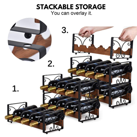 X-cosrack Rustic 3 Tier Stackable Wine Rack Freestanding 12 Bottles Organizer Holder Stand Countertop Liquor Storage Shelf Solid Wood & Iron 17" L x 7.2" W x 16.5" H-Patent Design X-cosrack