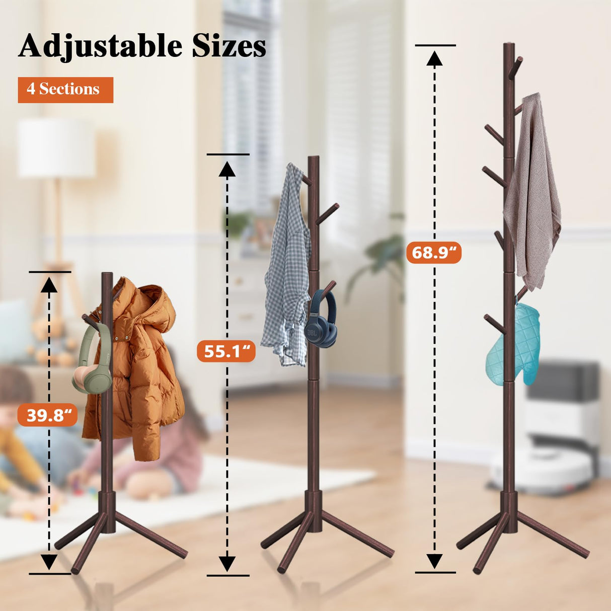 Z&L HOUSE Coat Rack Freestanding, Pure Natural Solid Wooden Coat Tree, 8 Hooks And Adjustable Height Floor Hanger, Used In The Bedroom Living Room Office To Hang Clothes, Hats, Bags Z&L HOUSE