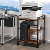 Lerliuo Printer Stand with Charging Station and USB Ports, Large 3-Tier Mobile Printer Table with Storage Shelf, Brown Rolling Industrial Printer Cart with Lockable Wheels for Home Office Lerliuo