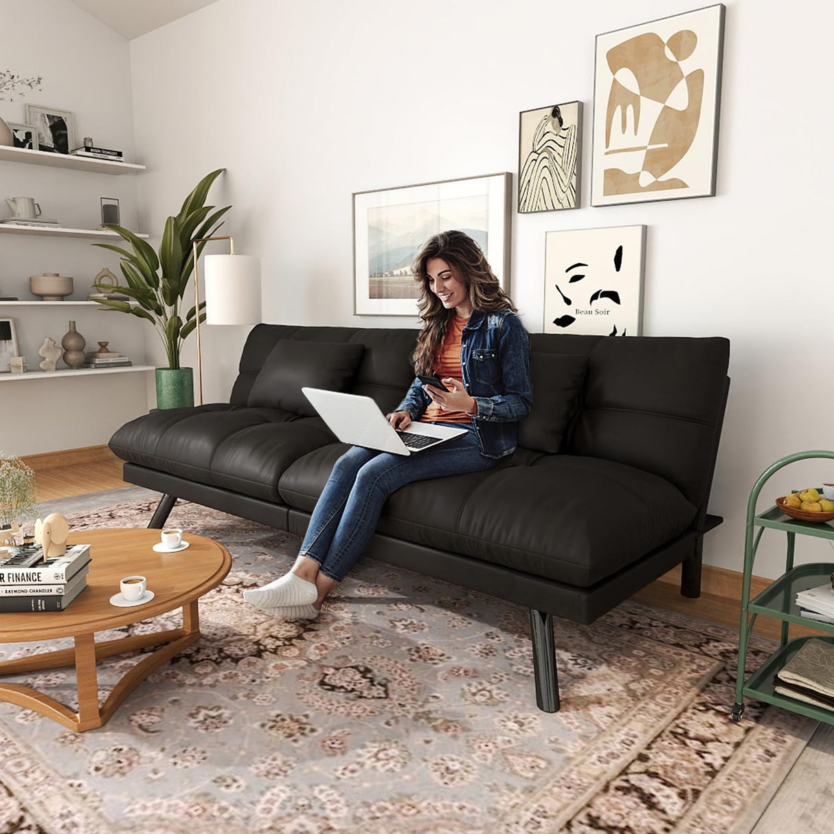 Futon Sofa Bed Convertible Solid Wood Couch Water-Resistant Fabric with 2 Cushions for Living Room Sofa Bed (Light Black) homeokay