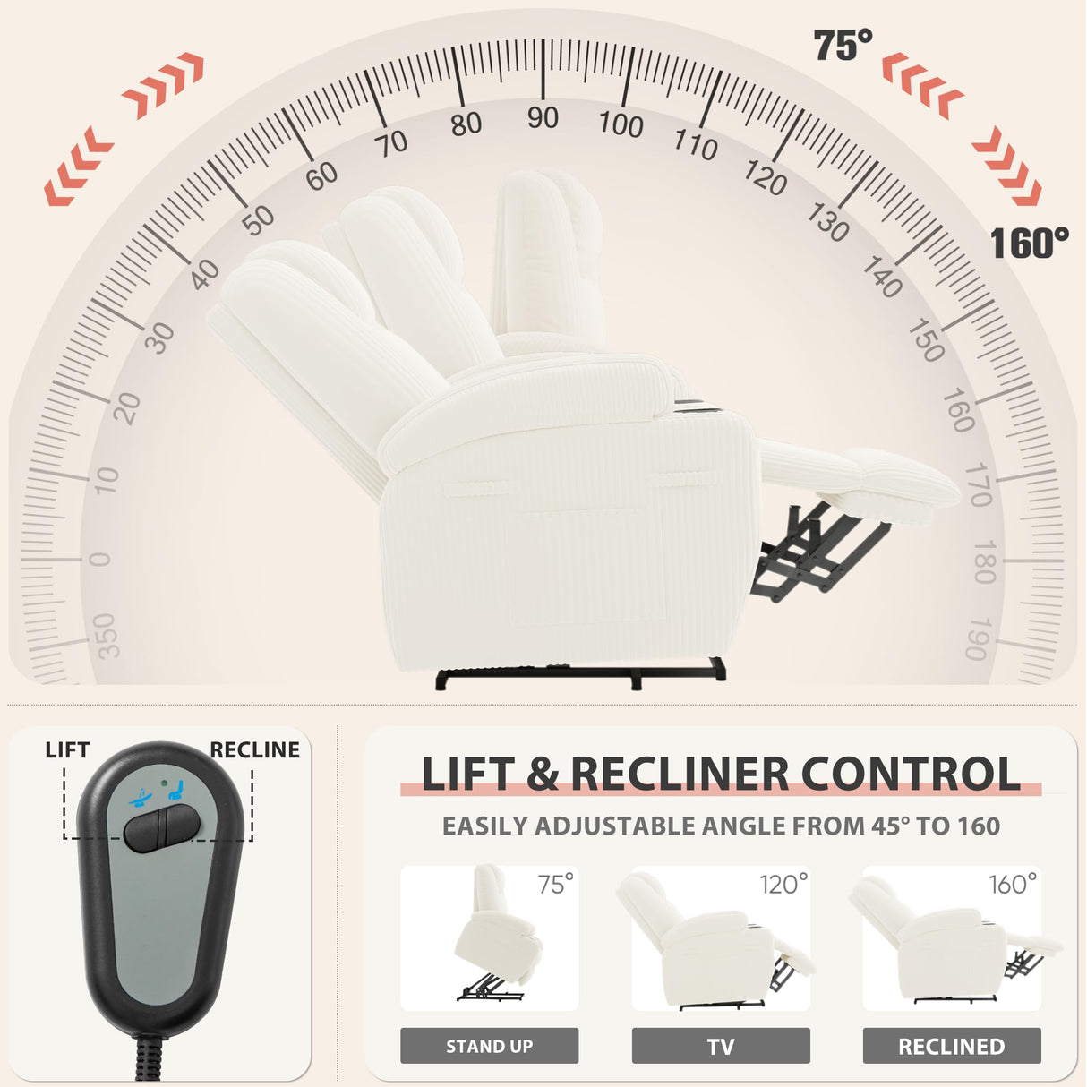 Flamaker Power Lift Chair Massage Recliner Chairs for Elderly - Ergonomic Design with Cup Holders & Side Pockets, Remote Control (White) Flamaker