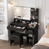 Vabches Makeup Vanity with Mirror and 10 Lights, Big Vanity with 3 Storage Compartments & Power Outlets, Vintage Vanity Set with Large Drawer and Cabinet, 39.8inch, Black Vabches