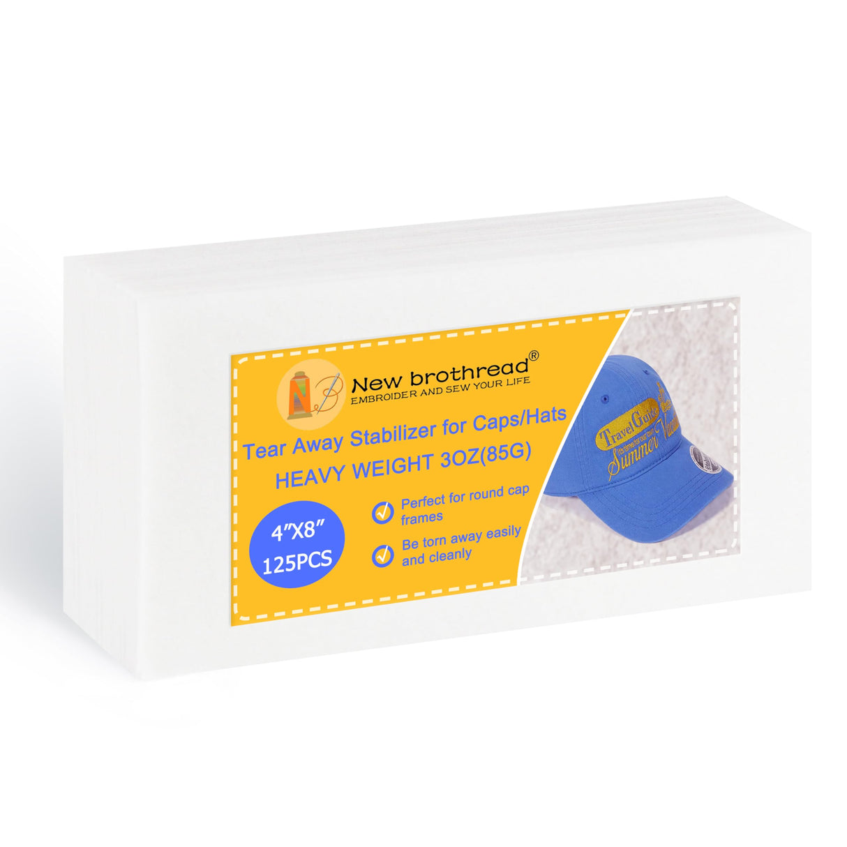 New brothread Tearaway Embroidery Stabilizer Backing for Caps and Hats - 4" x 8" 125 Precut Sheets - Heavy Weight 3oz New brothread