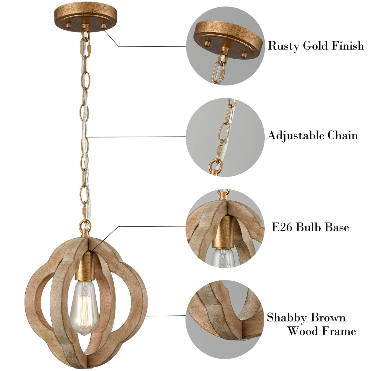 SAMTEEN Farmhouse Wood Pendant Lights Kitchen Island, Vintage Wooden Pendant Lighting Rustic 1-Light Wood Hanging Ceiling Light Fixture for Hallway Bedroom Entrance, Adjustable Chain SAMTEEN