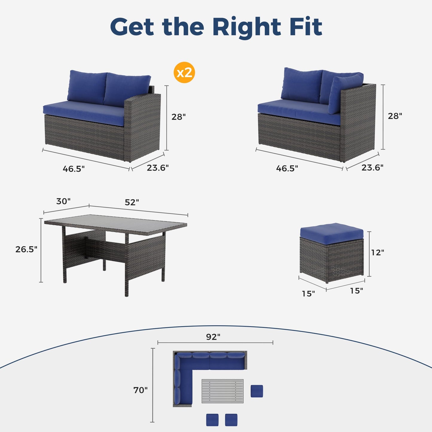 Solaste 7 Piece Outdoor Patio Furniture Set, Outdoor Sectional PE Rattan Patio Conversation Sofa with All Weather Dining Table Chair Set, Blue - WoodArtSupply