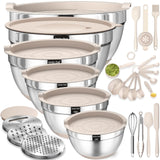 Mixing Bowls with Airtight Lids Set, 26PCS Stainless Steel Khaki Bowls with Grater Attachments, Non-Slip Bottoms & Kitchen Gadgets Set, Size 7, 4, 2.5, 2.0,1.5, 1QT, Great for Mixing & Serving Umite Chef