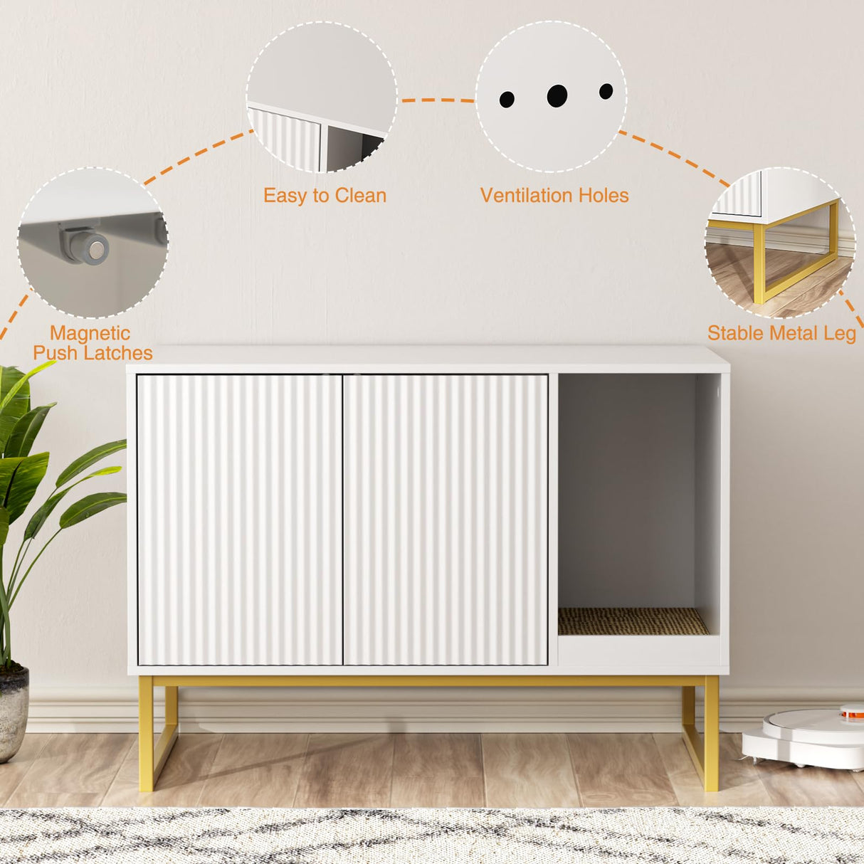 Cat Litter Box Enclosure, Fluted Hidden Litter Box Furniture with Scratch Pad and Metal Legs, Modern Enclosed Cat Cabinet, 31.5 x 17.7 x 21.7 Inches Indoor Pet House for Living Room, Washroom, White FiveWillowise