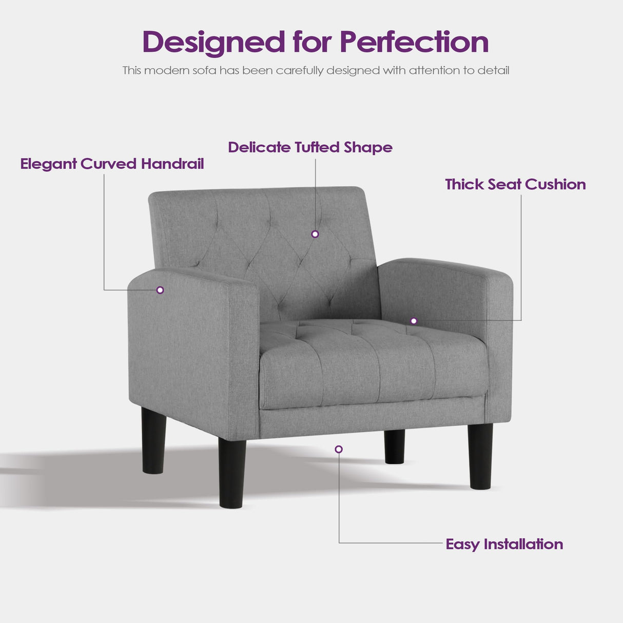 TYBOATLE Accent Chairs Set of 2 Comfy Living Room Chair Tufted Mid Century Modern Accent Chair, Cozy Upholstered Reading Arm Chair for Office, Bedroom (Light Grey, Set of 2) TYBOATLE