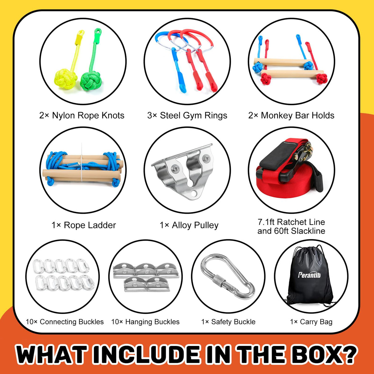 Ninja Warrior Obstacle Course for Kids，60ft Ninja Slackline-with 8 Pcs Accessories,Tree Protector & Carry Bag Ninja Course for Kids Outside-Backyard Zip Line for Kids Perantlb