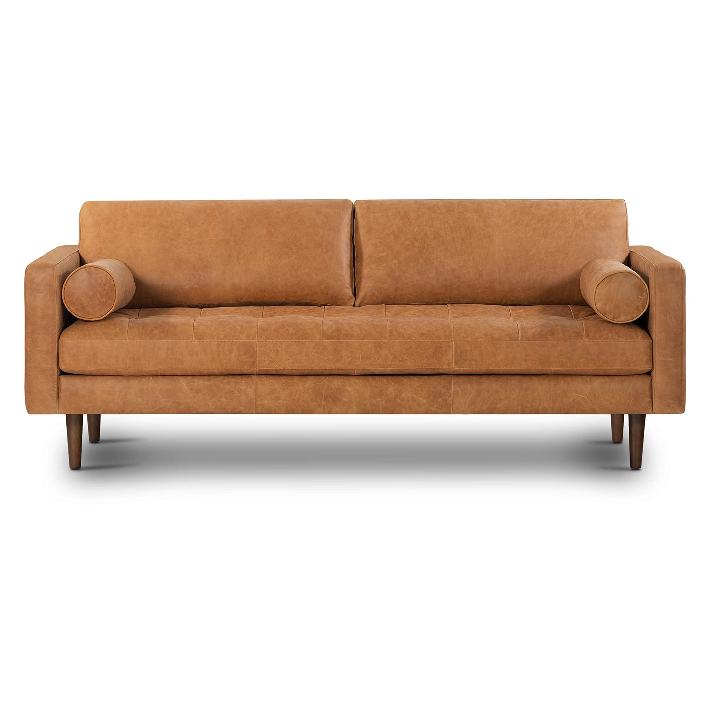 POLY & BARK Cognac Tan Brown Leather Couch - 88.5" Mid Century Leather Sofa with 2 Bolsters - Full Grain Camel Leather Couch - Feather-Down Topper On Seating Surface - Pure-Aniline Italian Leather