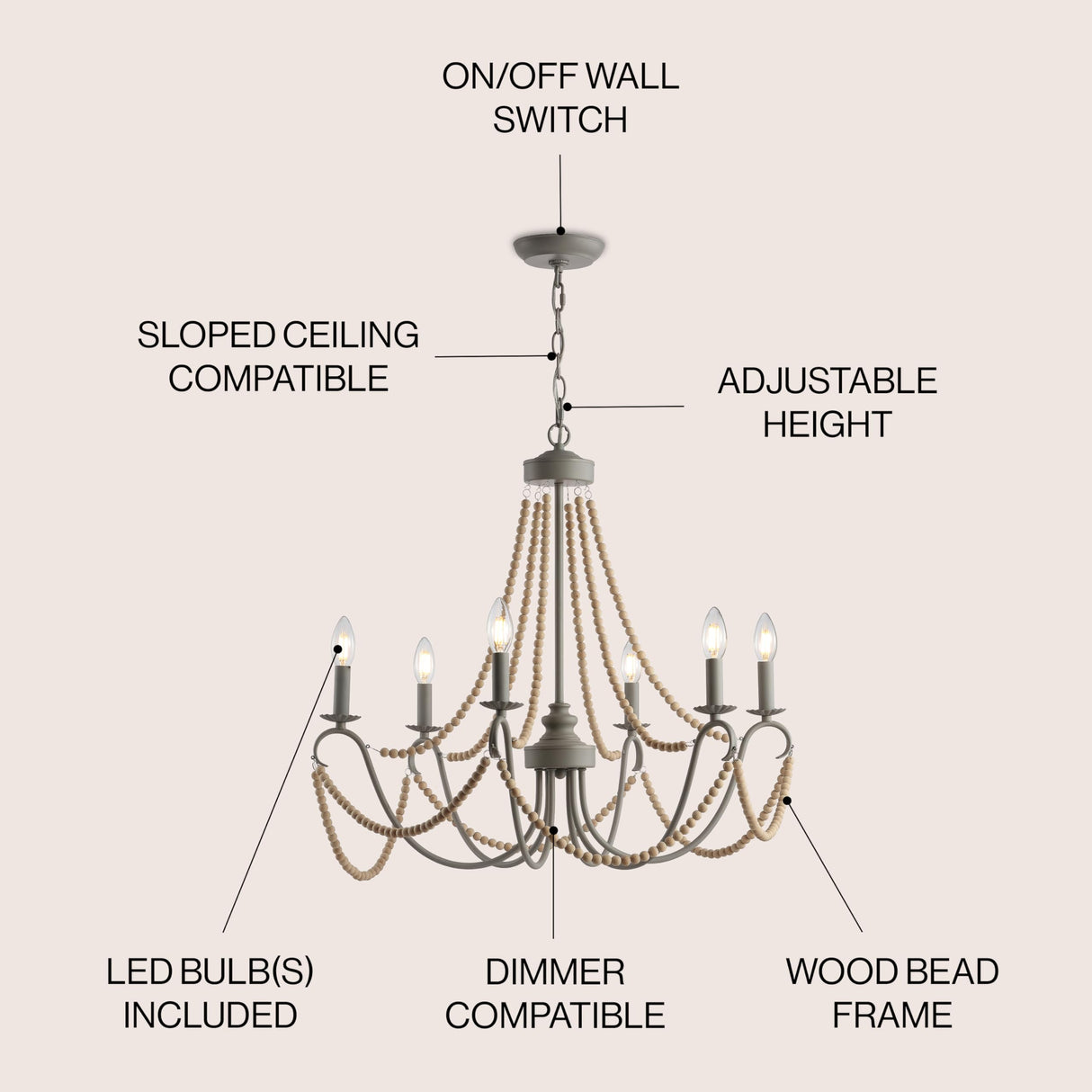 JONATHAN Y JYL9060A Rustica 6-Light 27" Adjustable Greige Metal/Wood Bead LED Chandelier Classic,FrenchCountry,Glam,Transitional Dimmable, for Dining Room, Foyer, Bedroom, Grey/Natural JONATHAN Y