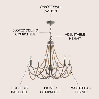 JONATHAN Y JYL9060A Rustica 6-Light 27" Adjustable Greige Metal/Wood Bead LED Chandelier Classic,FrenchCountry,Glam,Transitional Dimmable, for Dining Room, Foyer, Bedroom, Grey/Natural - WoodArtSupply