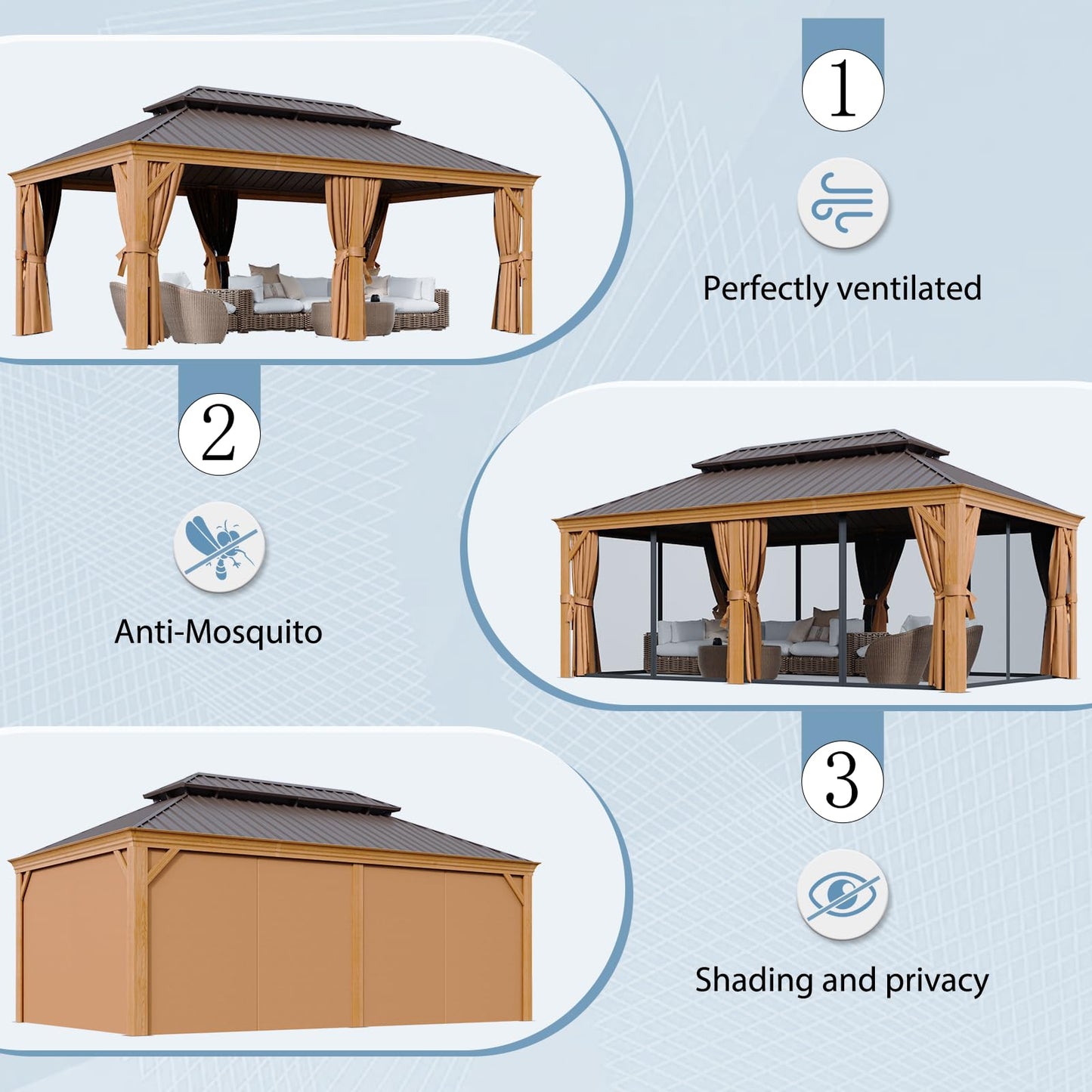 Aoxun 12' x 20' Permanent Gazebo, Wooden Finish Coated Aluminum Frame Canopy with Dual-Layer Galvanized Steel Hardtop Top, Outdoor Metal Pavilion, for Deck, Patio and Backyard - WoodArtSupply