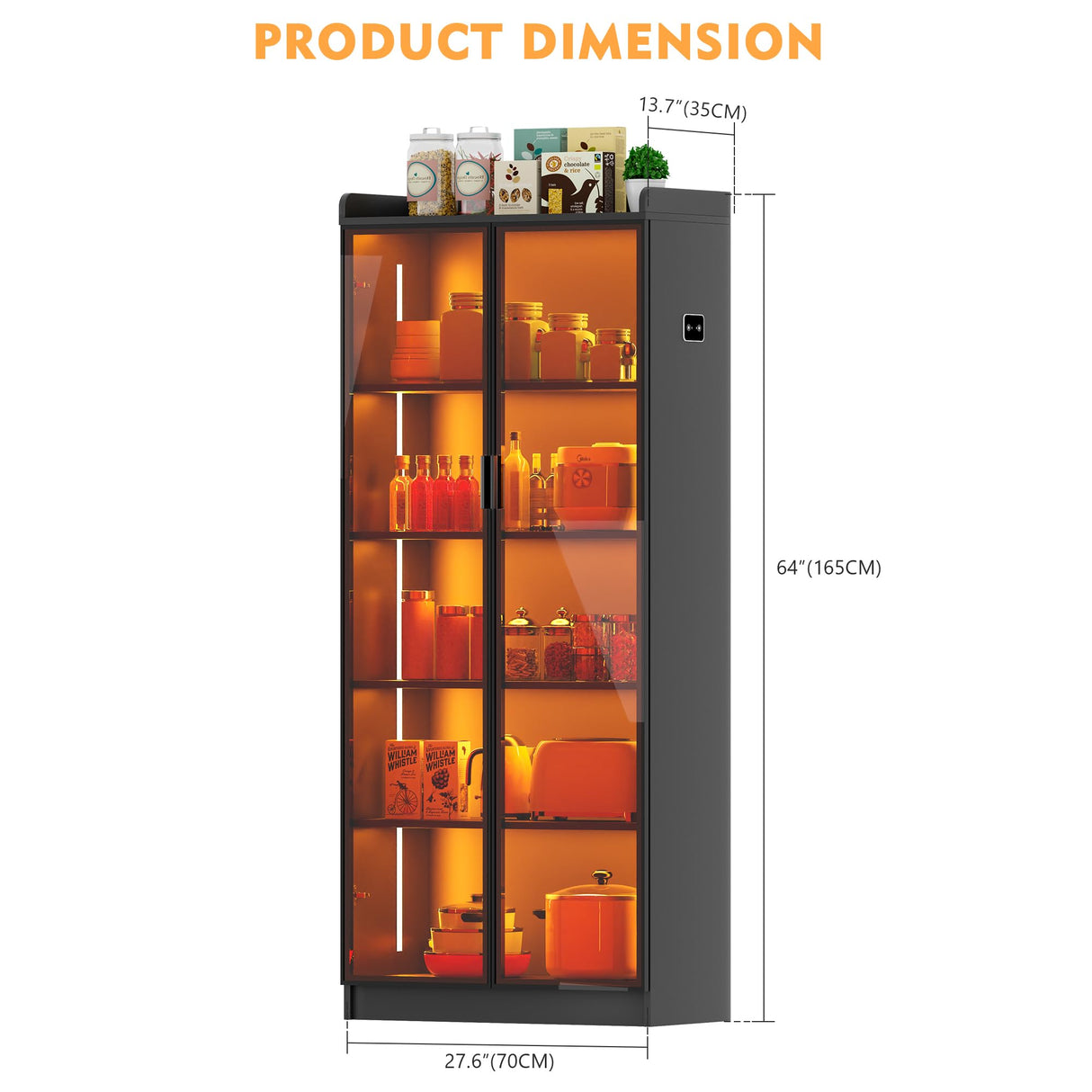 Lvifur Tall Storage Cabinet up to 70", LED Kitchen Pantry Cabinet with Human Body Induction, 5 Tier Bookcase Display Cabinet with Adjustable Shelves for Living Room Office (Black) Lvifur